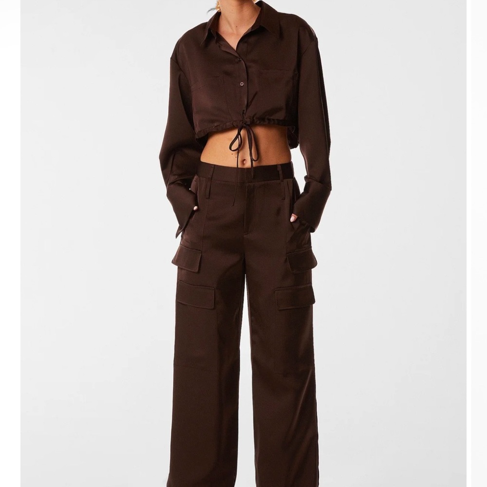 The noli shop MILAN SATIN BUTTON UP - ESPRESSO xs